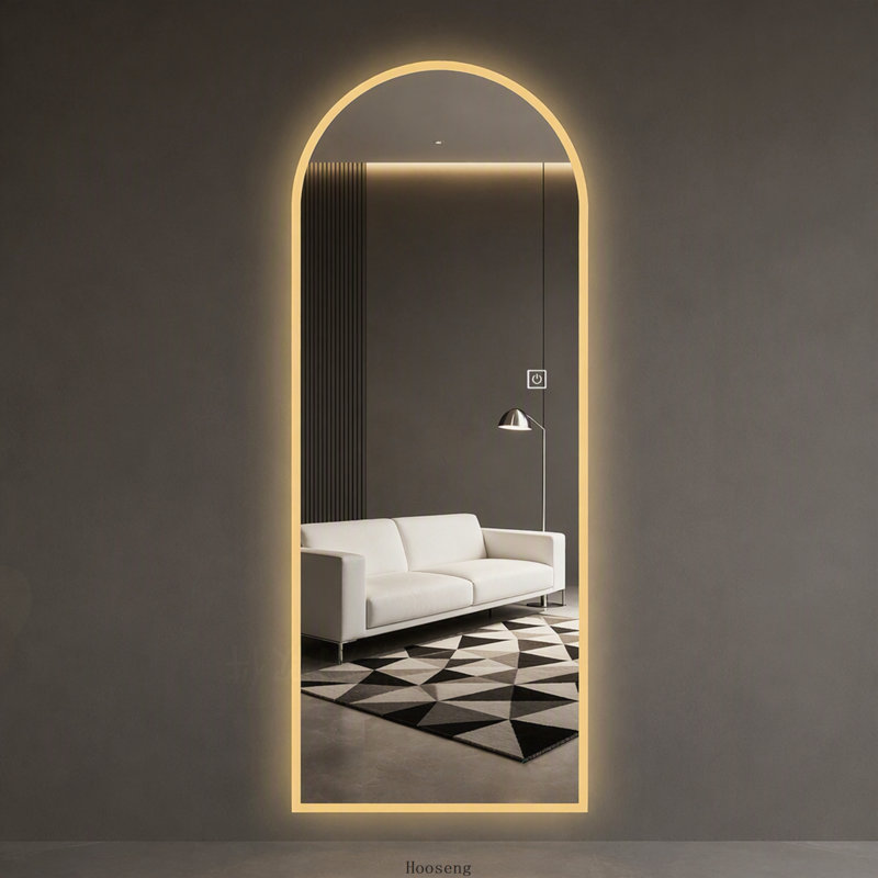 Miroir mural 65 po x 21 po à DEL pleine longueur, arche symétrique, bordure en verre givré, température à 3 couleurs à intensité variable, verre argenté sans cuivre, câblé ou à brancher