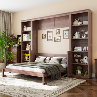 Queen Size Murphy Bed with Built-in Desk & Bookshelf, Space-Saving Dark Brown Wall Bed by Hokku Designs