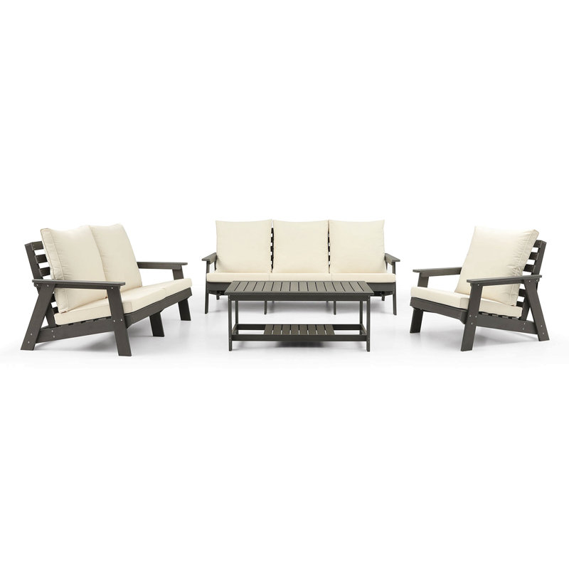 Loveseat With Cushion, Wood Grain Outdoor Garden Sofa, Sofa Set For Porch, Poolside, Terrace, And Yard Grey/Beige