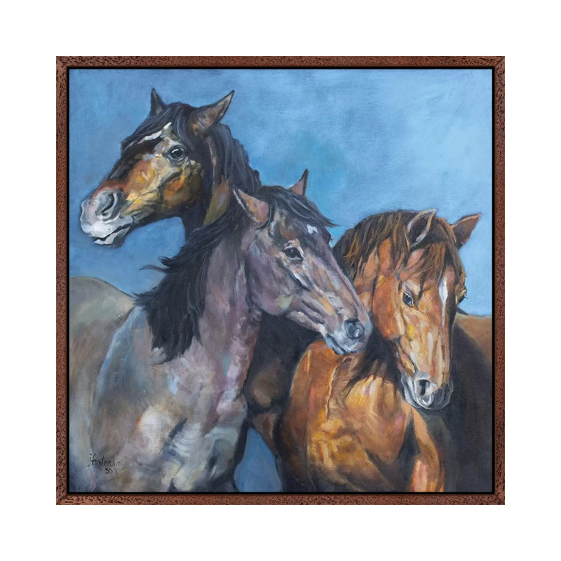 Tres Amigos by Jan Perley - Painting on Canvas, 66.04 cm H x 66.04 cm W, Classic Brown Wood Framed