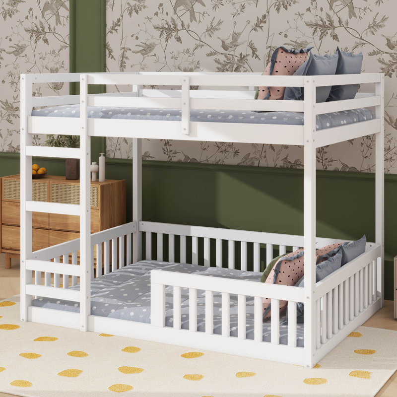 Full Over Full Wooden Bunk Bed With Ladder And Safety Rails, White