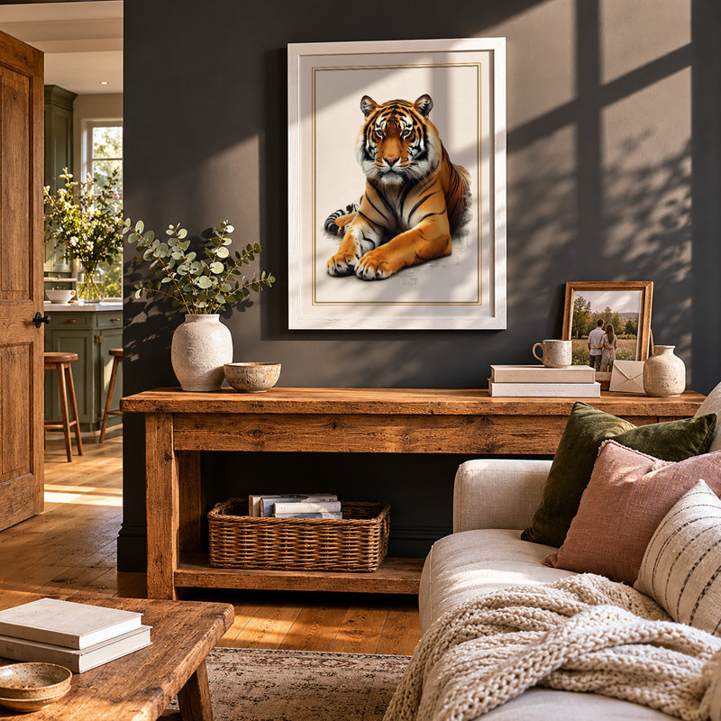 Resting Tiger Rustic - Framed Print, A1 - 84.1 x 59.4 cm, White