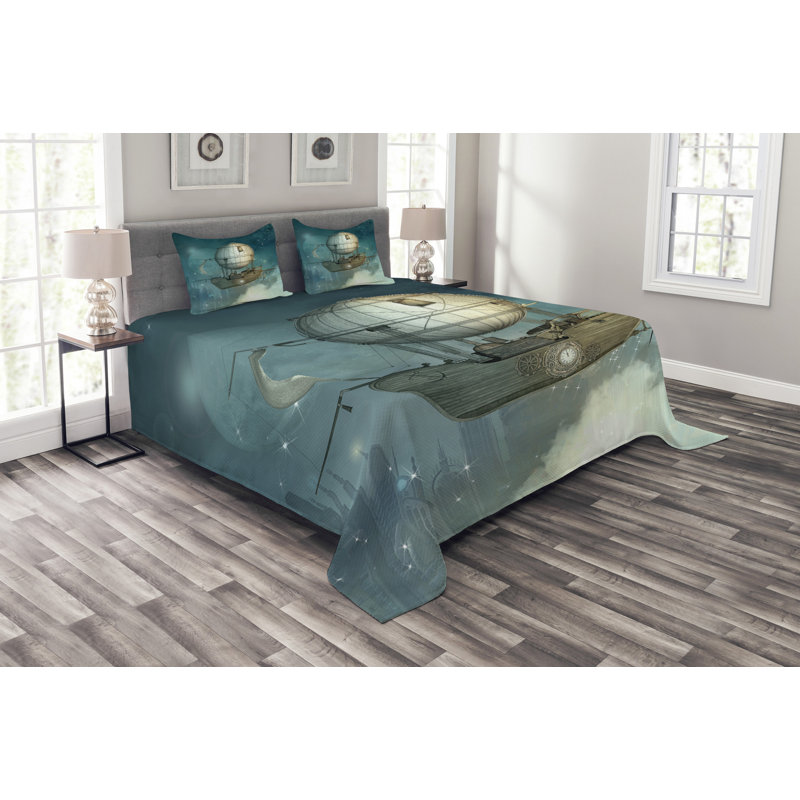 Adanya Blue/Brown Microfibre Bedspread Set, 220 x 264 cm