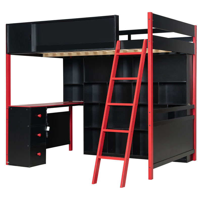 Lit mezzanine en bois avec bureau, tablettes, tiroirs et éclairage Bailey, Rouge