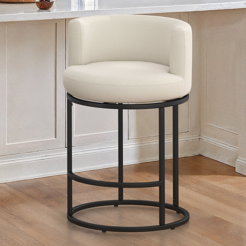 26"Sculptural Swivel Counter Stool Modern Barrel-Back With Cylindrical Metal Frame, Linen