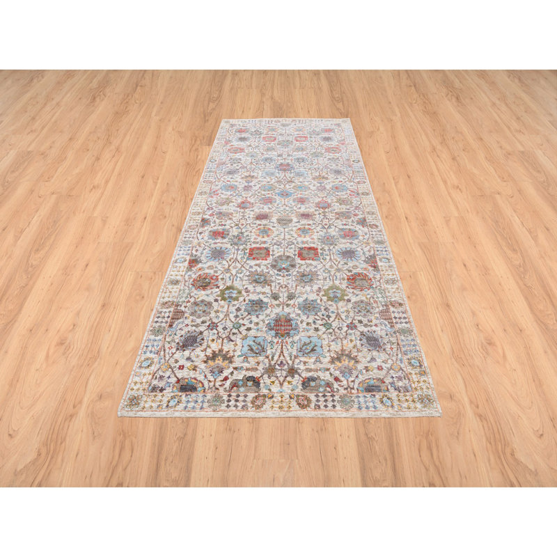 Tapis de couloir oriental ivoire 4 pi 1 po x 10 pi 3 po Tabriz en soie colorée avec laine texturée noué à la main 0CA6518A6D5C490FA61C08E9EB5C178C