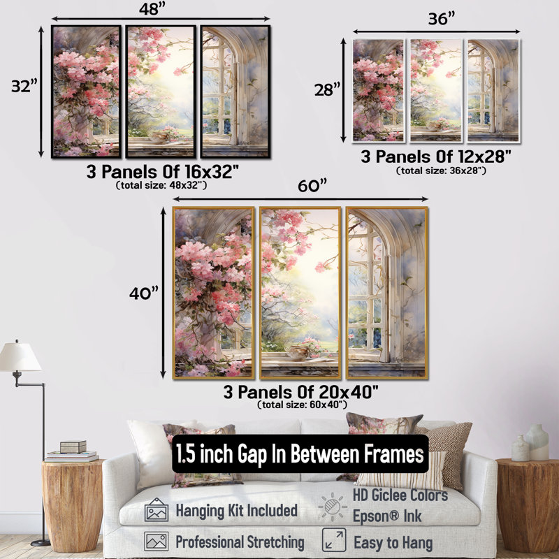«Pink Blossoming Country Window Gaze I», art mural floral, H 32 po x l 48 po x P 1 po, Encadrement argenté