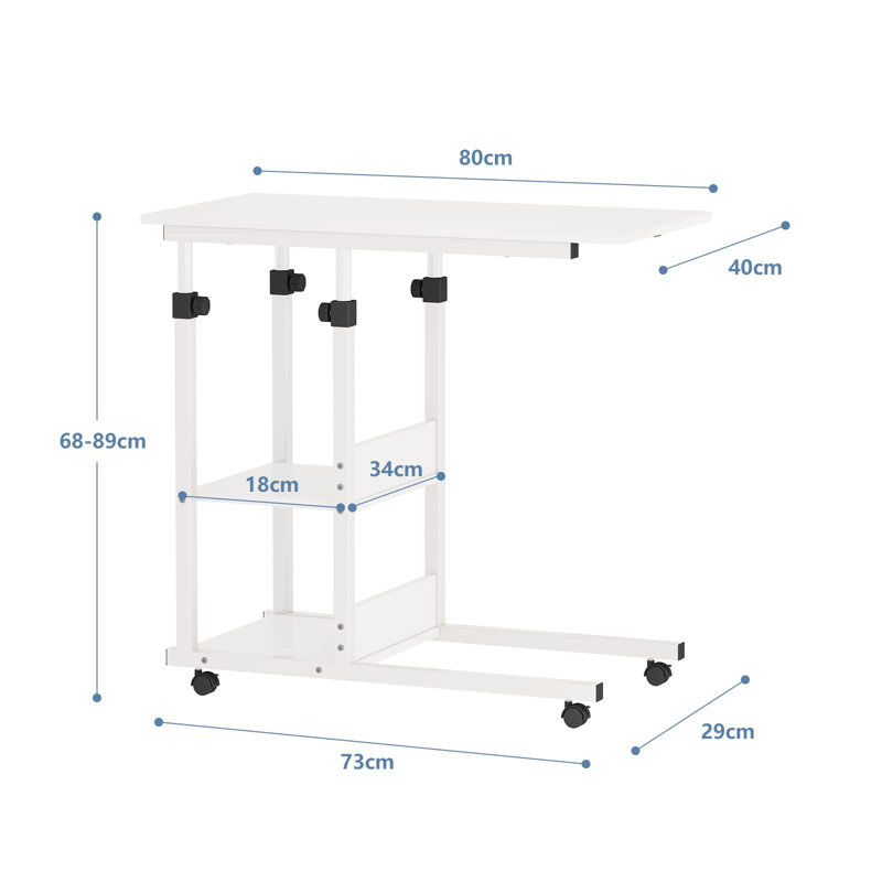Aarah Mobile Rolling Laptop Side Table with Storage, White, White