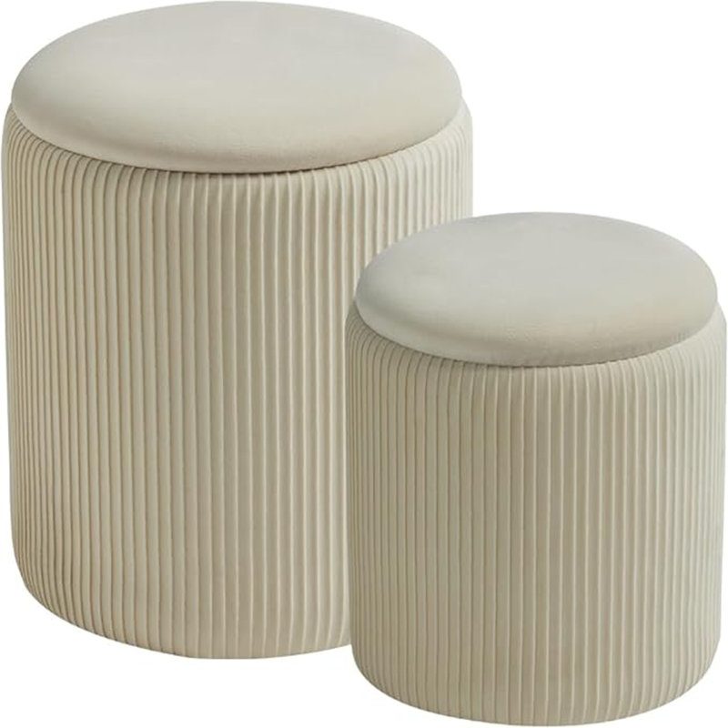 Cream Velvet Round Ottoman Set with Hidden Storage