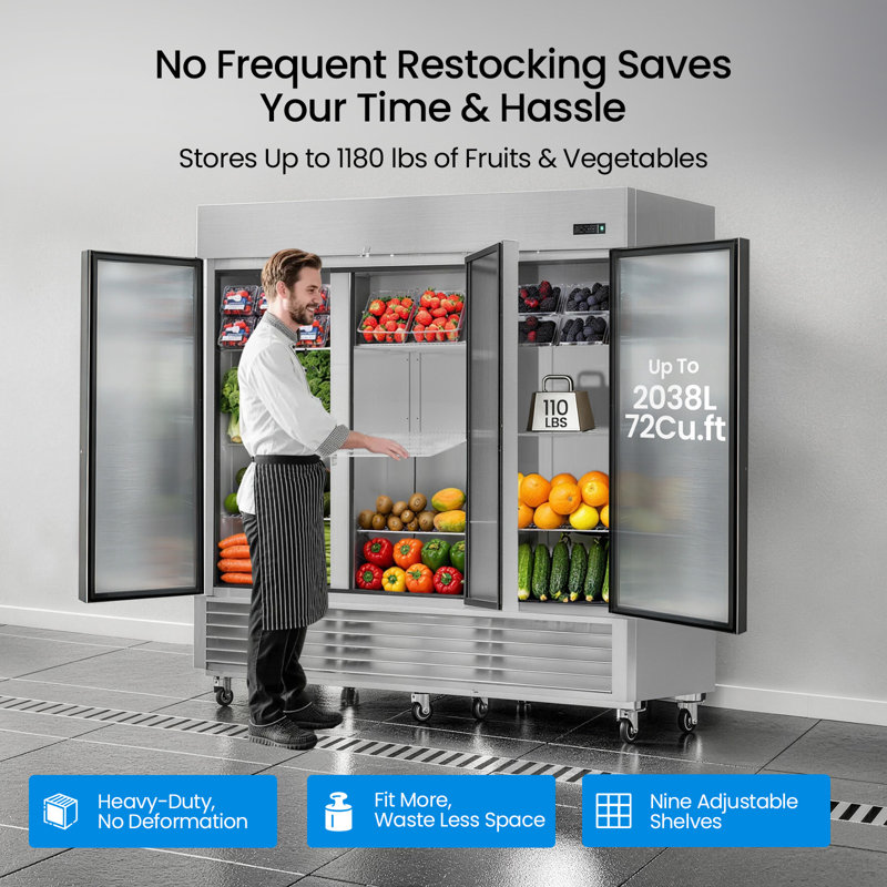 Réfrigérateur commercial Réfrigérateur à porte simple en acier inoxydable d'une largeur de 81 pouces et 72 pieds cubes avec contrôle automatique du dégivrage à DEL