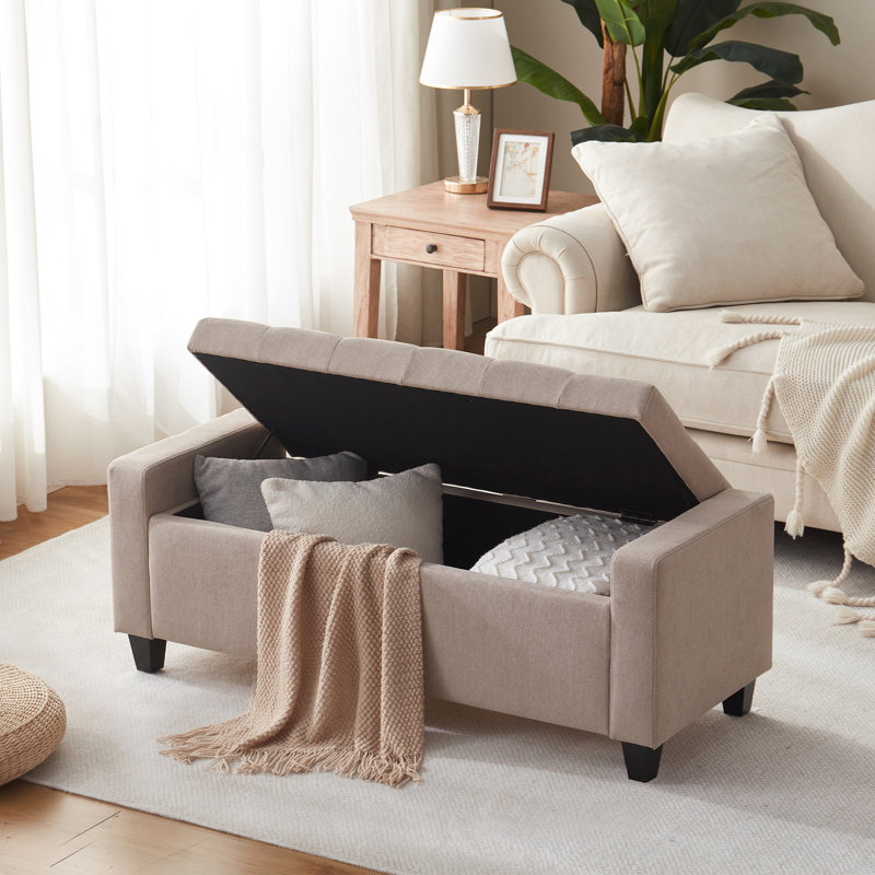 Polyester Upholstered Storage Bench, Khaki