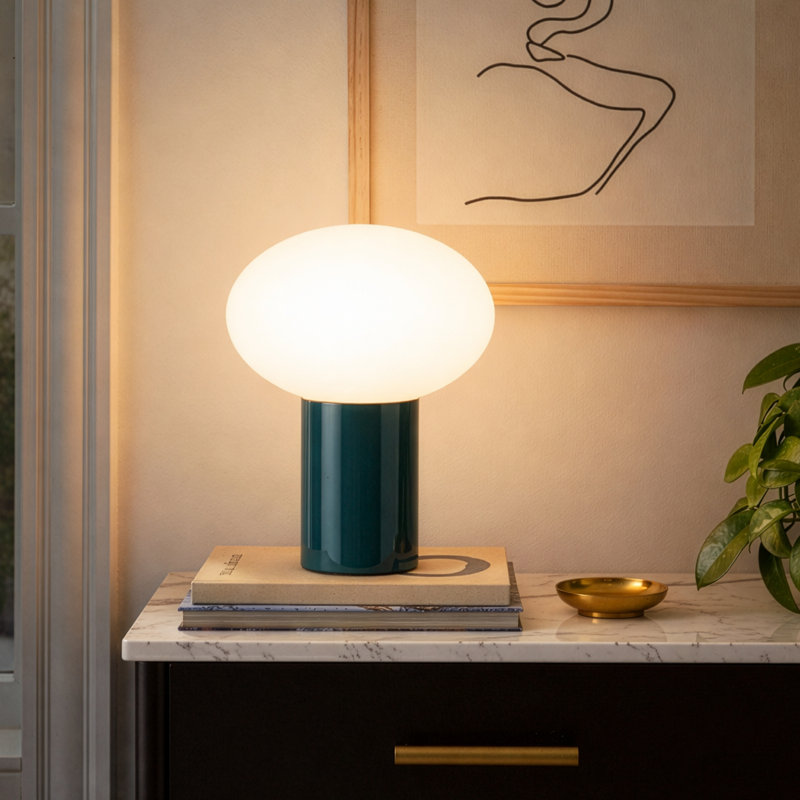Lampe de table moderne à DEL 9,5 "avec abat-jour ovale en verre givré et port USB-C Ivy Teal, Métal métal, Sarcelle