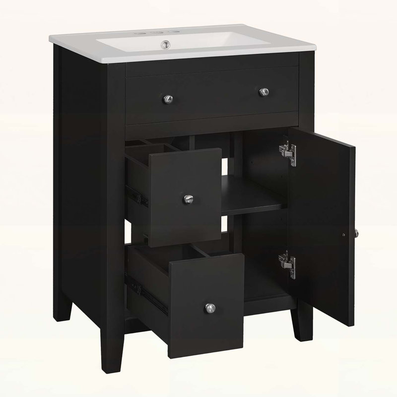 Meuble-lavabo moderne avec lavabo, meuble-lavabo à 2 tiroirs, conception compacte, Noir