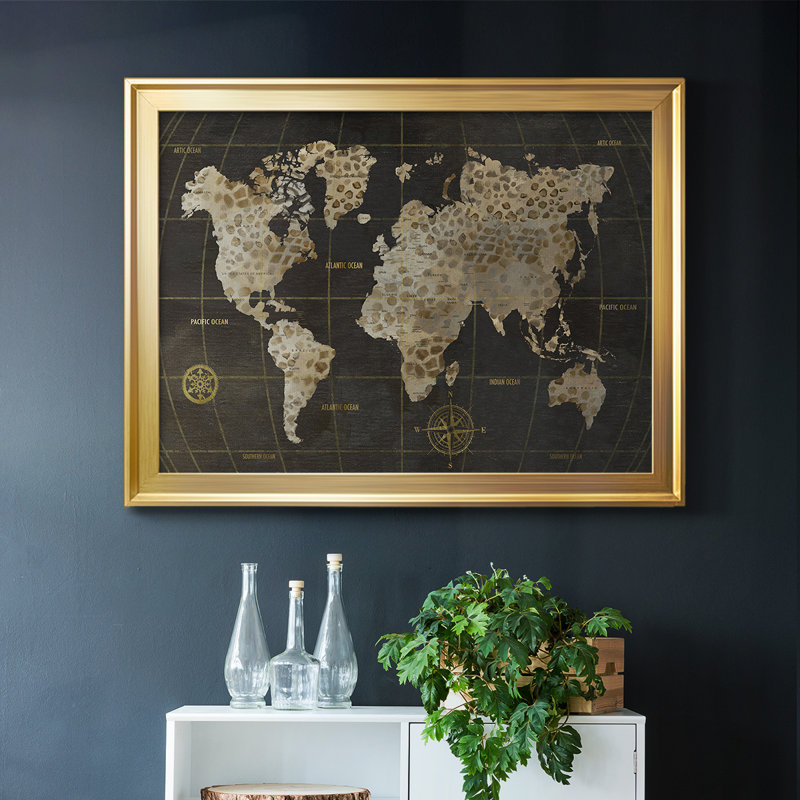 " Safari World Map ", Gold, 30" H x 44" W x 1.5" D