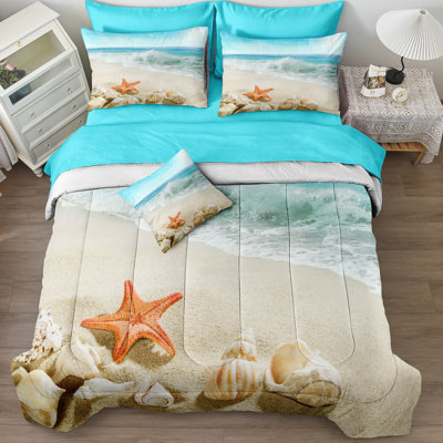6 Pieces Coastal Comforter Set Twin Size Starfish Sea Life Printed Twin Size Bed in a Bag Beach Themed Bedding Set 1 Comforter 2 Pillowcases 1 Cushion Cover 1 Flat Sheet 1 Fitted Sheet