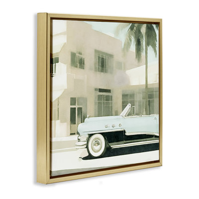 «Miami Car & Palm Tree», art mural encadré gris sur toile flottante par Noah Bay