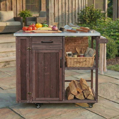 Station de préparation pour îlot de cuisine extérieur avec plateau en acier inoxydable, rangement et mobilité