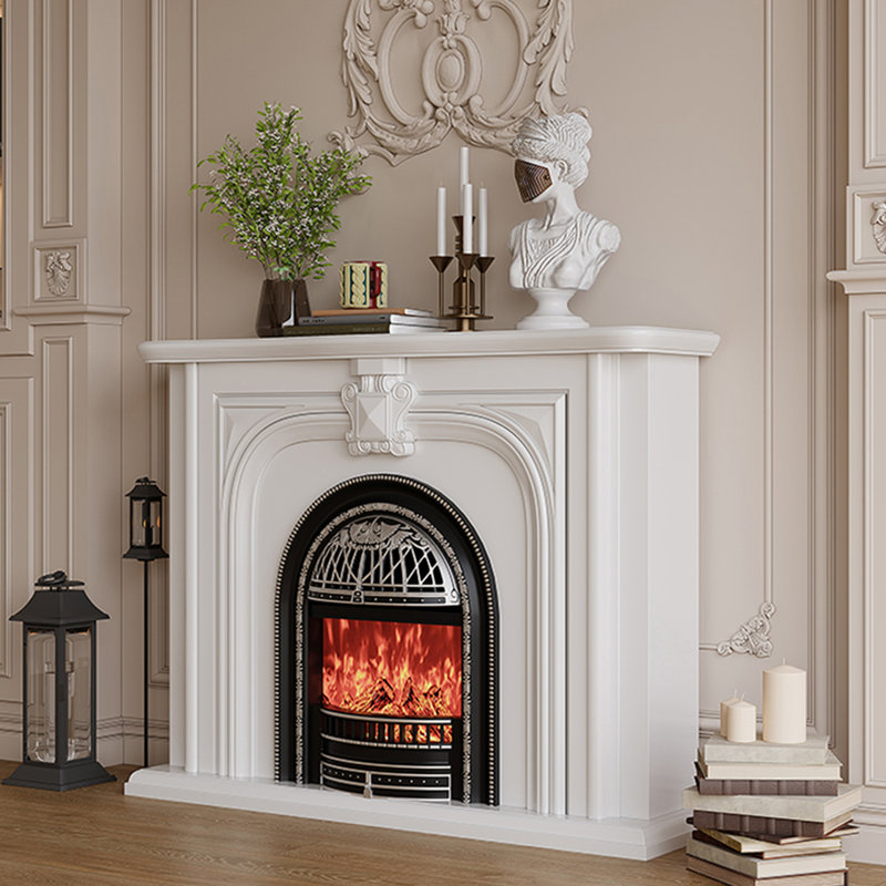 Beige Solid Wood Electric Fireplace