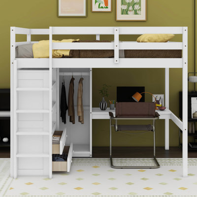 Hriska Full Size Loft Bed With Desk & Wardrobe, Shelves And Drawers