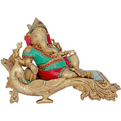11" Handmade Brass Ganesha Statue on Peacock Recliner | Inlaid Stone Detailing | Hindu Deity for Home Decor & Altar