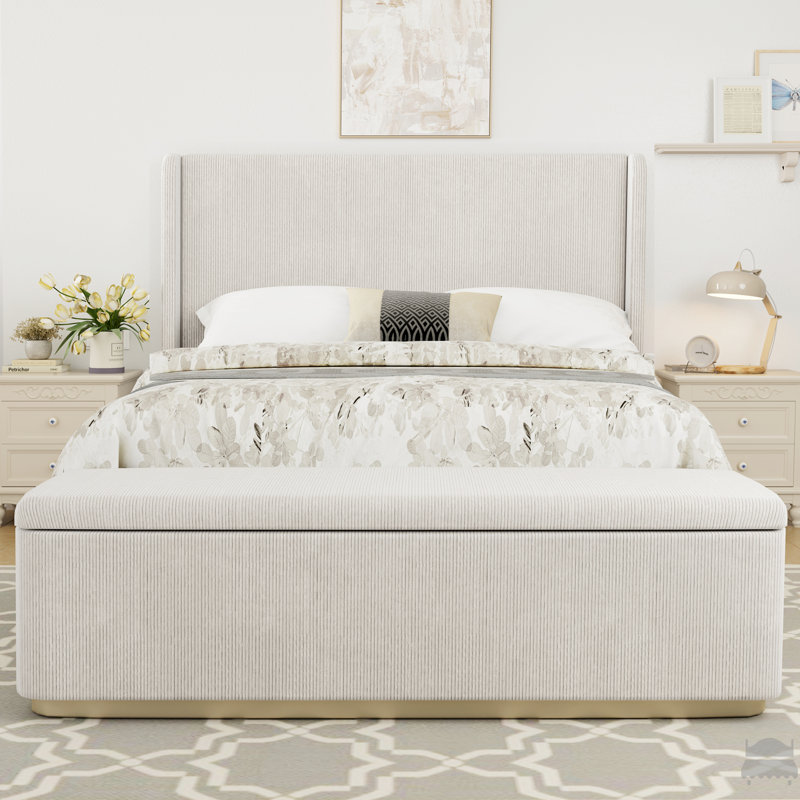 Queen Size Corduroy Upholstered Bed Frame With 130L Storage Ottoman, And Vertical Stripe Wingback Headboard And High Footboard