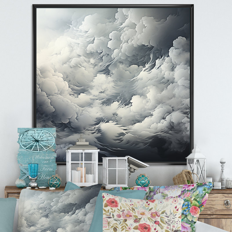 Tempête de nuages noirs et blancs sur toile, H 36 po x l 36 po x P 1,5 po, Cadre flottant noir