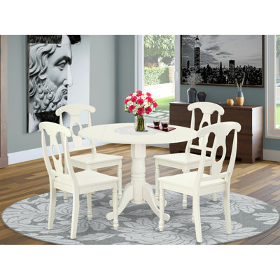 5 Piece Dining Room Furniture Set Includes a Round Kitchen Table with Dropleaf and 4 Dining Chairs, 42x42 Inch, Linen White