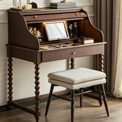 39.37"French-style vintage brown solid wood dressing table with makeup mirror