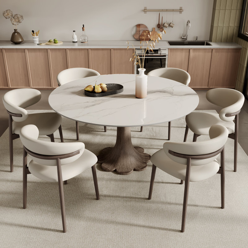 Mid-Century Modern Snow/Sand Sintered Stone Round Colyer Solid Wood Floral-Shaped Pedestal Walnut/Dark Walnut Tone (1 Table, 4/6/8 Chairs)