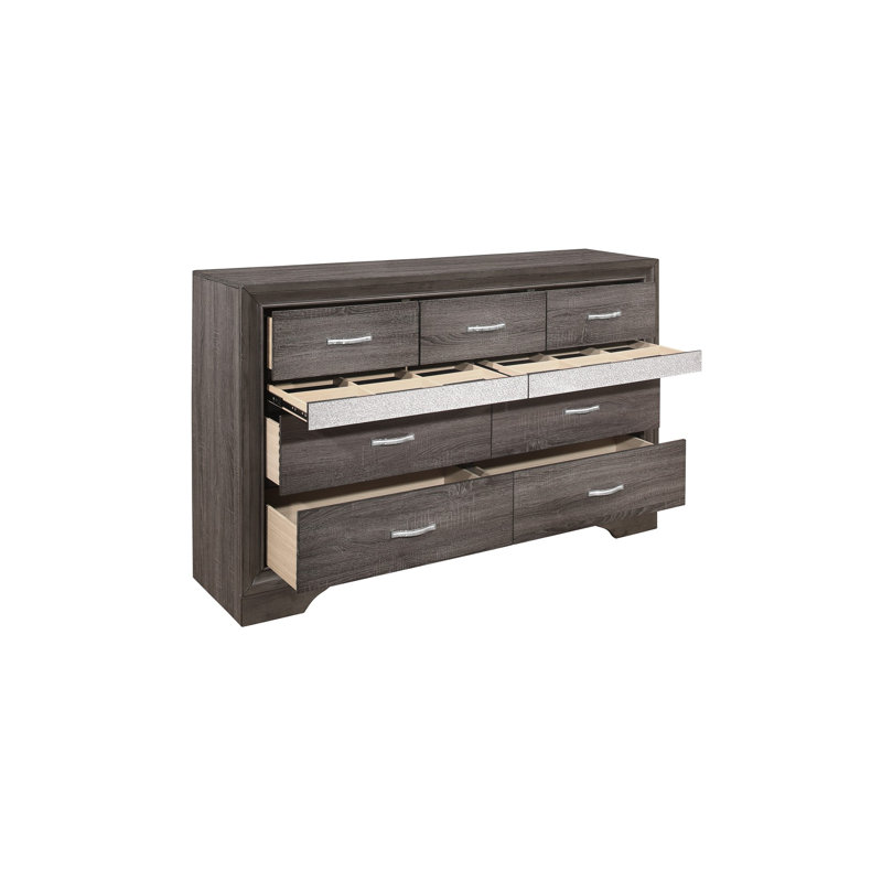 Très grand lit plateforme de rangement en cuir Omak 6 pièces: lit, commode, miroir, 2 tables de chevet, commode, gris