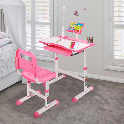 Ensemble de bureau et de chaise pour enfant réglable avec plateau inclinable, tiroir et lampe d'étude à DEL