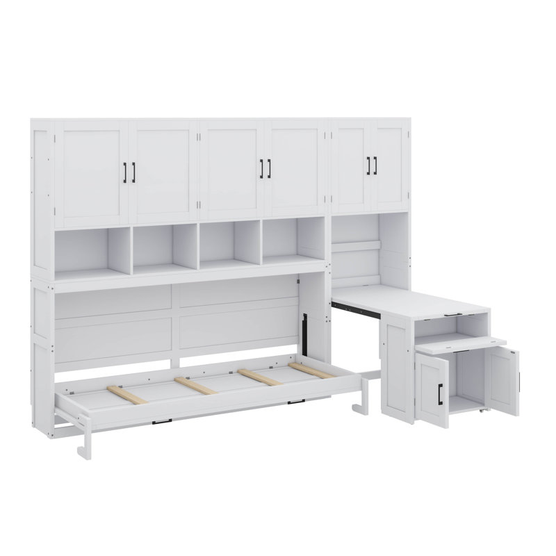Lit simple escamotable avec placard, tiroirs et bureau