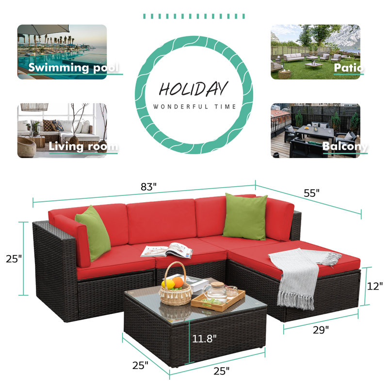 Ensemble de conversation modulaire en rotin 5 pièces avec coussins, Coussin vert clair
