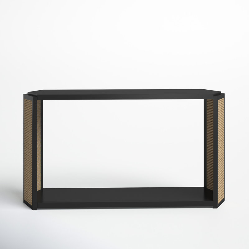 Black Wood Console Table with Woven Rattan Sides