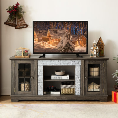 58" Tv Stand For Living Room, Grey, Faux Stone Surround, 2-door Cabinet, 6 Cable Holes And 3 Shelves Grey 57.26'' Media Console With Storage, Stacked Stone, Adjustable Management Cutouts Tvs