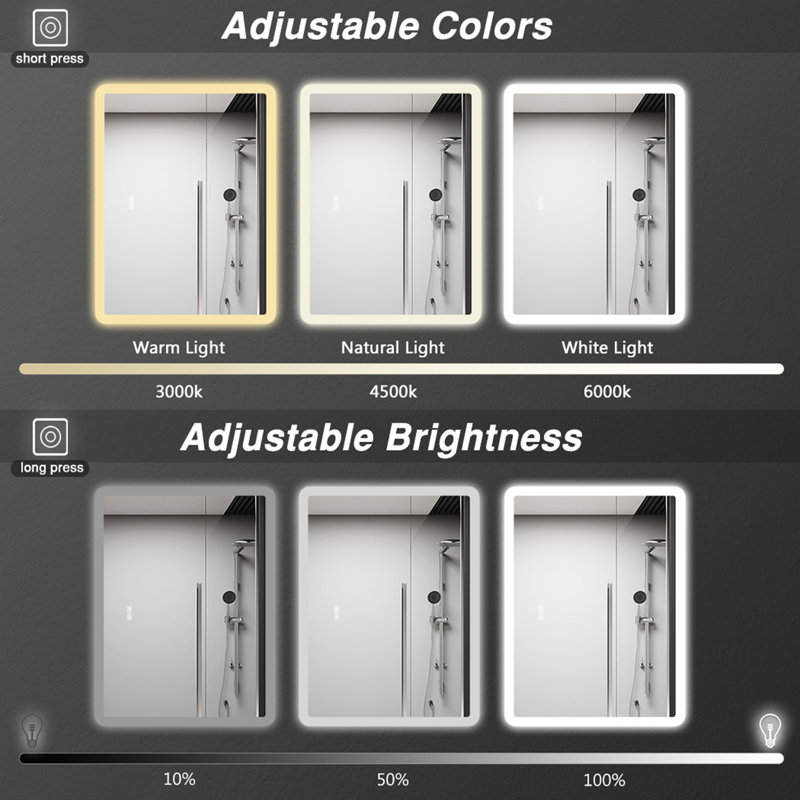 80x60cm Rectangular LED Mirror with Bluetooth,Adjustable LED Brightness,3 LED Colors,Anti-fog, 60cm x 80cm