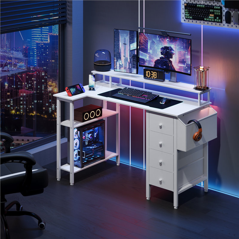 L-Shaped Computer Desk with Built-In Electrical Outlet, 120cm L x 68cm W x 86.5cm H, White