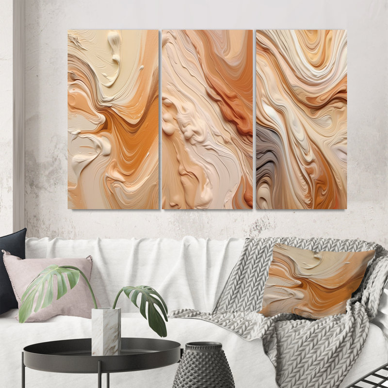«Orange and Beige Unounded Imagination», 3 pièces, Toile tendue, H 32 po x l 48 po