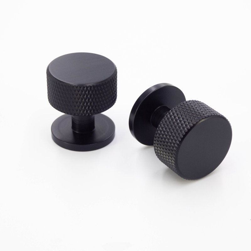 1" Round Black Knurled Knob, Matte Black