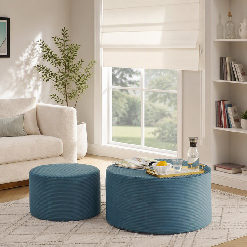 Ensemble de 2 poufs cylindriques rembourrés avec siège et repose-pieds polyvalents, Blue