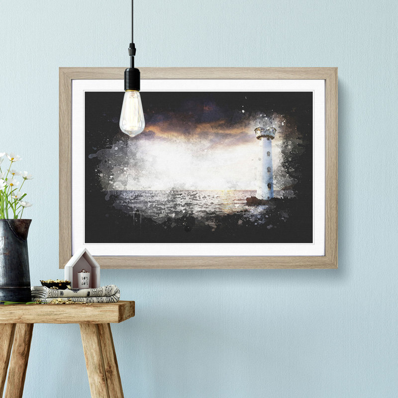 Lighthouse & Seascape Evening Glow Paint Splash - Picture Frame Graphic Art, 24cm H x 33cm W x 2cm D, Oak Framed