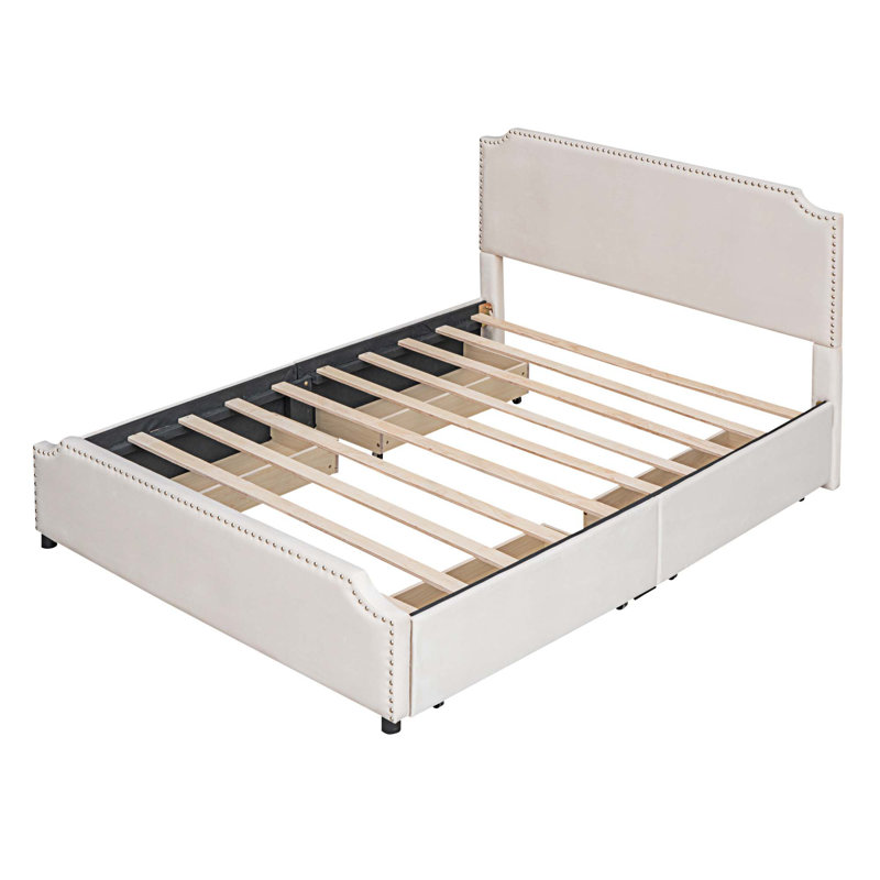 Grand lit plateforme de rangement tapissier, Beige
