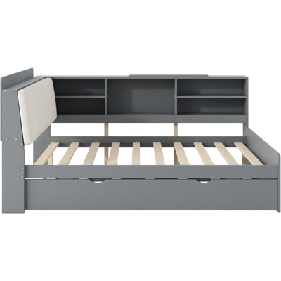 Full Size, Gray, Wood Platform Bed, Trundle, Upholstered Headboard, Shelved Storage Space + Pine Build