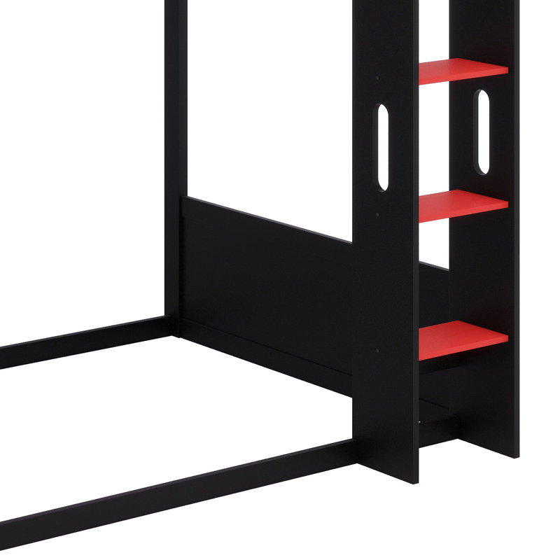 Lit superposé de jeu tout-en-un avec bureau intégré, tablettes, charge USB et éclairage à DEL, Noir et rouge