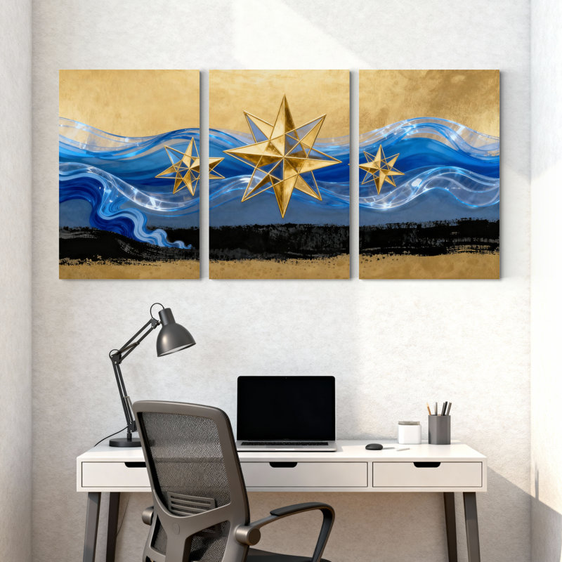 Étoiles dorées, vagues bleues, ensemble de 3 reproductions d'art sur toile, H 18 po x l 36 po