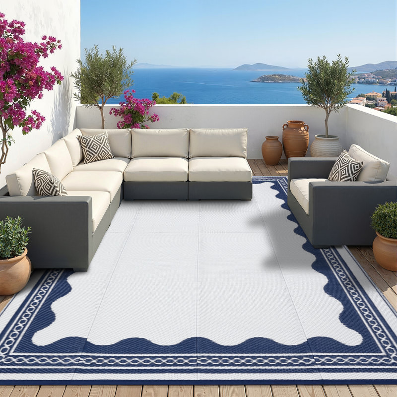 Outdoor Rug 9x12 Scalloped Waterproof Patio RV Outdoor Rugs Reversible Foldable Plastic Straw Rug Modern Camping Carpet for Deck Camper Porch Balcony Backyard Picnic Beach Dark Blue