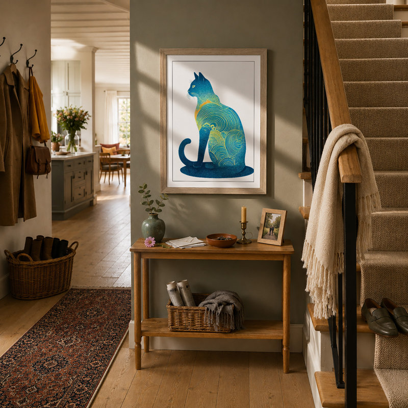 Serene Cat in Blue Boho 1 Piece Single Picture Frame Wall Art, A1 - 84.1 x 59.4 cm, Oak
