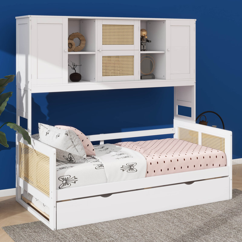 Lit de jour compact en bois, livré avec un lit gigogne et des unités de rangement modulaires, Lit simple, Blanc