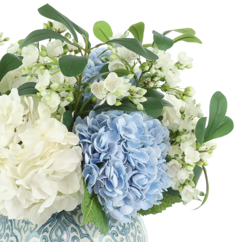 Hydrangea and Budding Stem Arrangement in Decorative Vase