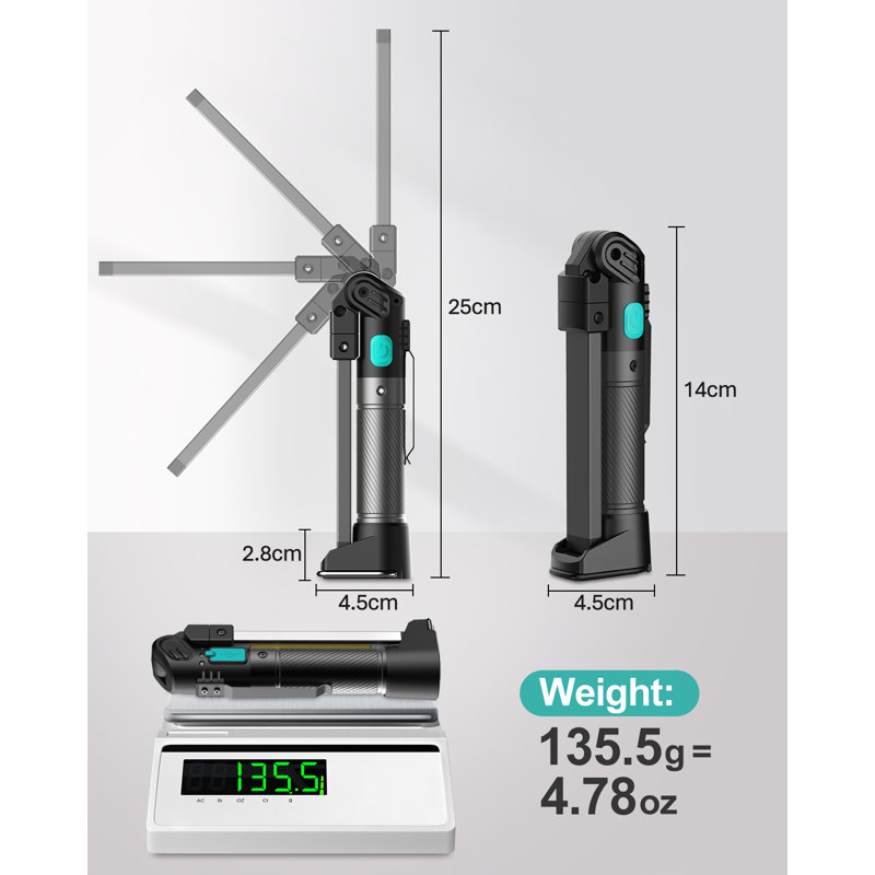 Rechargeable LED Work Light, Rotating And Folding Torch, Battery Powered With Magnetic Base, 5 Mode COB Flashlight